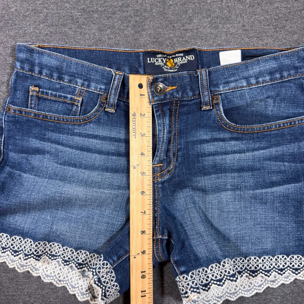 Lucky Brand Abbey Jean Shorts 4/27 Women Blue Denim Lace Trim Embroidered Boho